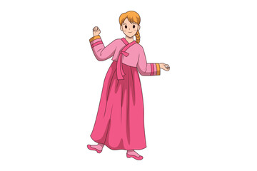 Cartoon Korean Girl in Traditional Clothes