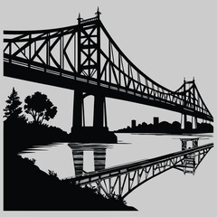 bridge over a river with a reflection silhouette vector design art and illustration