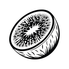 Black and White Line Art Sliced Kiwi Fruit with Detailed Seed Pattern
