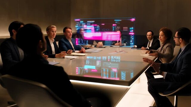 Business team in futuristic meeting with interactive digital screen in modern office