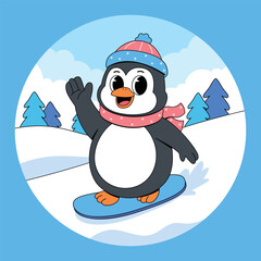 Cute Penguin Snowboarding Cartoon
