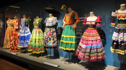 Historical Mexican Dresses in Museum Glass Display