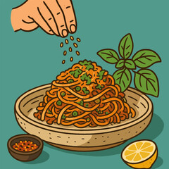 Serving Pasta with Fresh Herbs and Garnish for Italian Cuisine