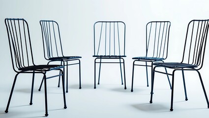 customer experience meetings presentation, Five black wire chairs arranged in a minimalist setting on a light background.
