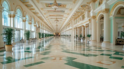 Obraz premium Grand Opulent Hallway with White Columns and Green Marble Floor