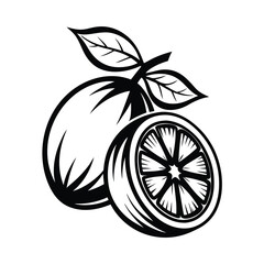 Black and White Orange Citrus Fruit Whole and Slice with Leaves Simple