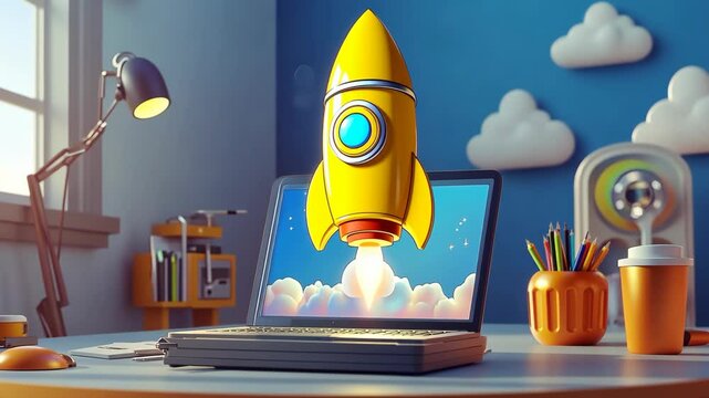 Yellow rocket launching from a laptop screen in a creative workspace, promoting startups and innovative digital projects.