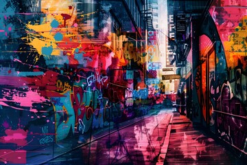 Edgy Urban Artwork with Graffiti and Neon Glow
