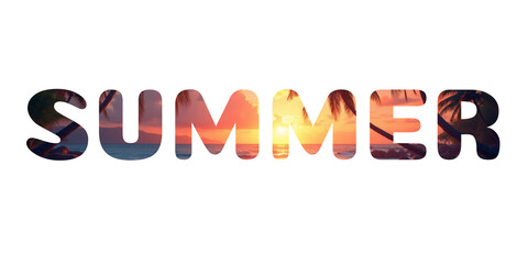 Word summer with tropical beach sunset scene inside letters. Creative vacation typography design with palm trees and ocean view on white background