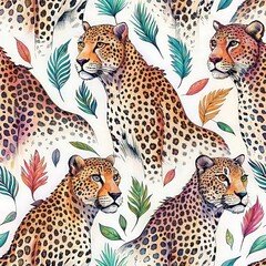 Seamless Leopard and Tropical Leaves Pattern