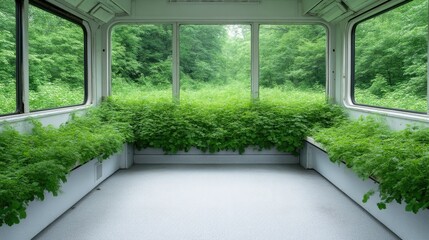 Interior train car filled with lush greenery