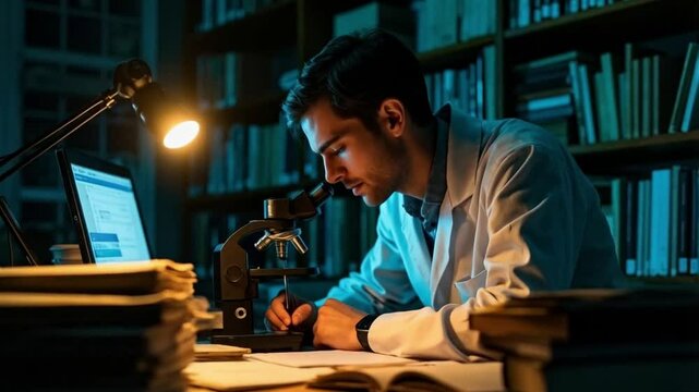 A professor diligently conducts research in their lab, surrounded by books, equipment, and notes, deep in thought.