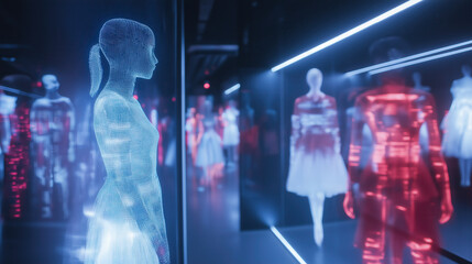 futuristic shopping mall provides AI assisted fashion recommendations, atmosphere feels advanced and innovative, offering glimpse into retail future