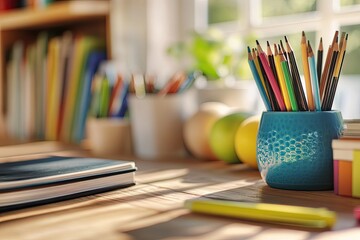 Colorful supplies on a desk near a window