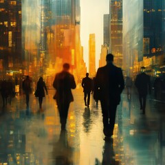 Business people walking through busy New York streets during rush hour in an urban cityscape