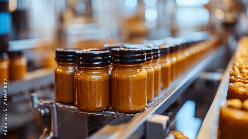 Poster jars filled with velvety peanut butter glide steadily on a conveyor belt. workers engage in the bust