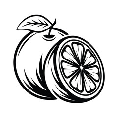 Black Outline Orange Fruit with Leaf, Slice, Citrus, Simple Style, Minimalist Design