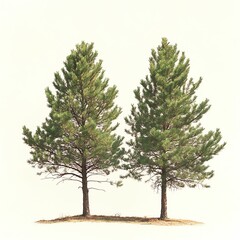 Fototapeta premium Two Green Pine Trees Isolated Against a Bright Background Nature Concept