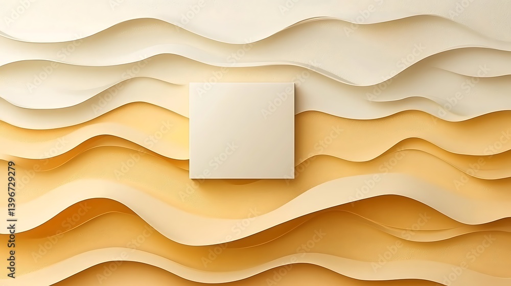 Poster abstract composition featuring layered waves of cream and orange hues with a blank square in the cen
