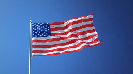 Obraz premium American flag waving against a clear blue sky on a metal pole in the bright sunshine outdoors