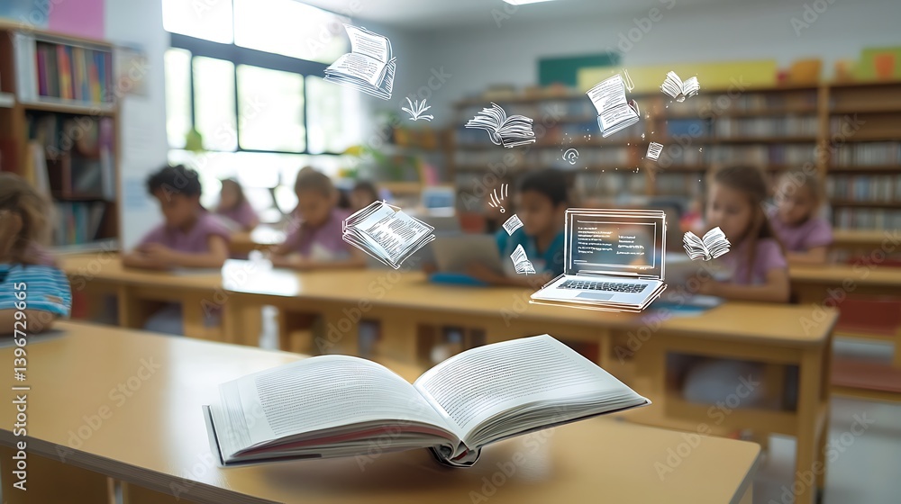 Poster students engaged in reading and learning in a vibrant classroom with floating digital elements