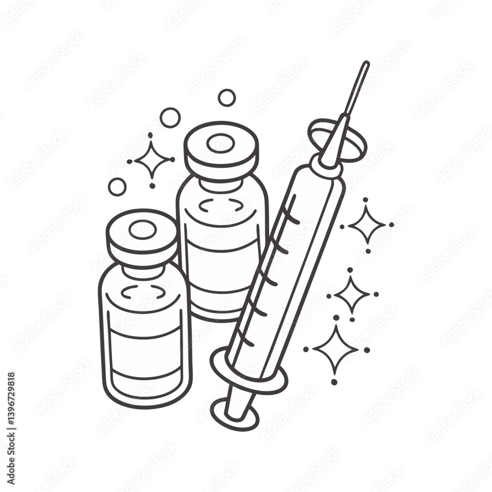 Aufkleber vaccine syringe and vials vector in clean outline style with sparkling medical and immunization them