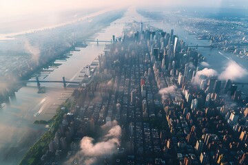 Ethereal Aerial Panorama of Manhattan with Drifting Clouds...