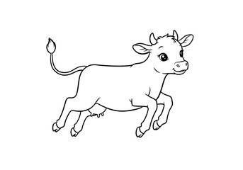Running Cartoon Cow Illustration in Black and White Outline Style
