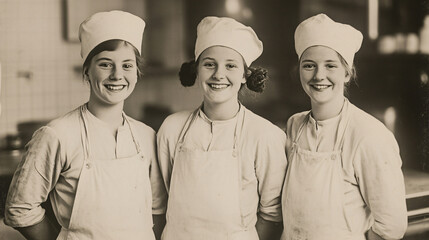 Smiling Women Chefs in Traditional Uniform: Culinary Team in Vintage Portrait Promoting Hospitality and Heritage