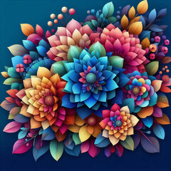 Radiant Multicolor Bloom Explosion – Vibrant 3D Floral Art with Intricate Petals on Deep Blue Background