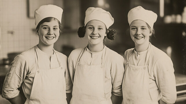 Smiling Women Chefs in Traditional Uniform: Culinary Team in Vintage Portrait Promoting Hospitality and Heritage