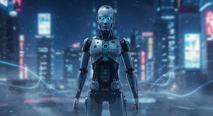 Naklejka premium Advanced Humanoid Robot in Futuristic City (Ai)
