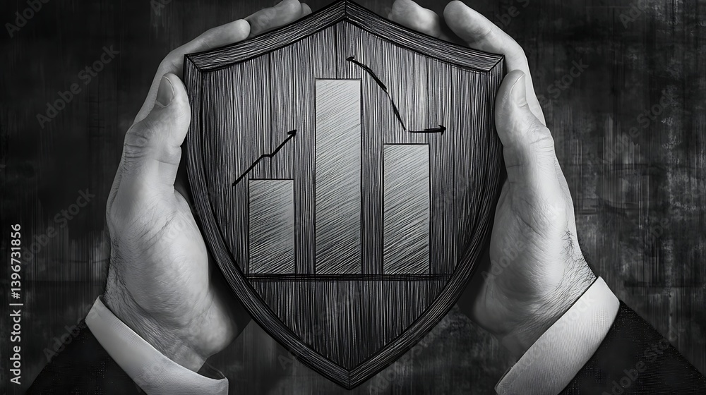 Poster hands holding a shield with bar graphs, symbolizing protection and analysis of financial data