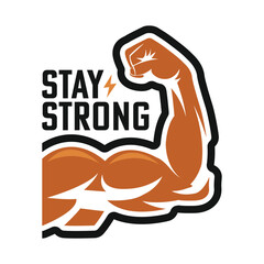 Stay Strong Flexing Arm Illustration – Motivational Burnt Orange Muscle Graphic with Lightning Bolt