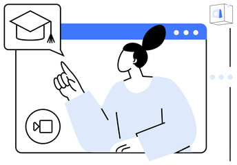 Female figure pointing at a graduation cap icon in a video call interface. Ideal for e-learning, education, technology, communication, remote work, digital tools, learning online. Sophisticated flat