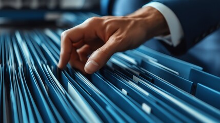 A close-up of a hand sorting through blue file folders, symbolizing organization and efficient document management in a modern office environment.
