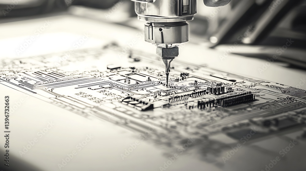 Poster close-up of a precision machine soldering components on a circuit board in a modern workshop