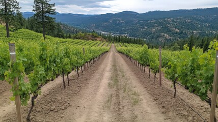 Fototapeta premium Green Grape Vines Stretch Toward Hilly Horizon Under Cloudy Sky in Vineyard Landscape on Sunny Day Offering Picturesque Agricultural Scene