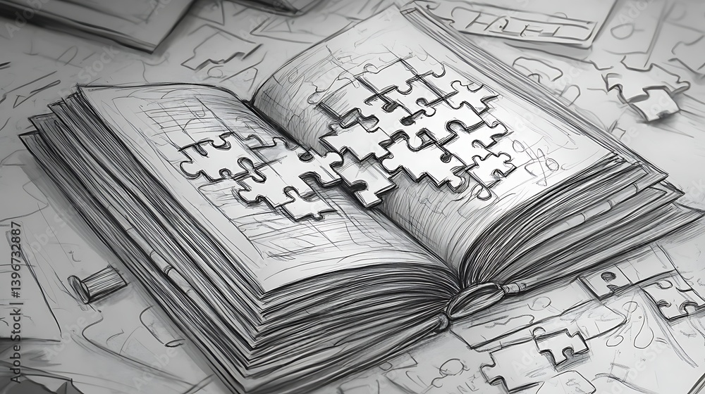 Poster an open book with puzzle pieces scattered around, symbolizing problem-solving and creativity in a cl