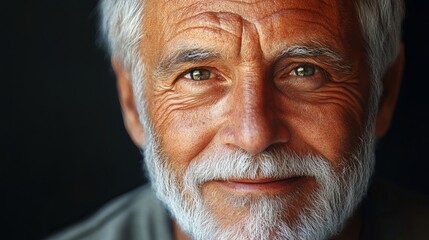 Portrait of smiling senior man with grey hair and beard close up of mature face with wrinkles detail