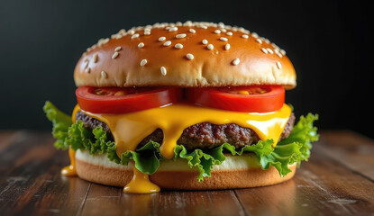 Delicious Melted Cheese Burger on Wooden Tabletop