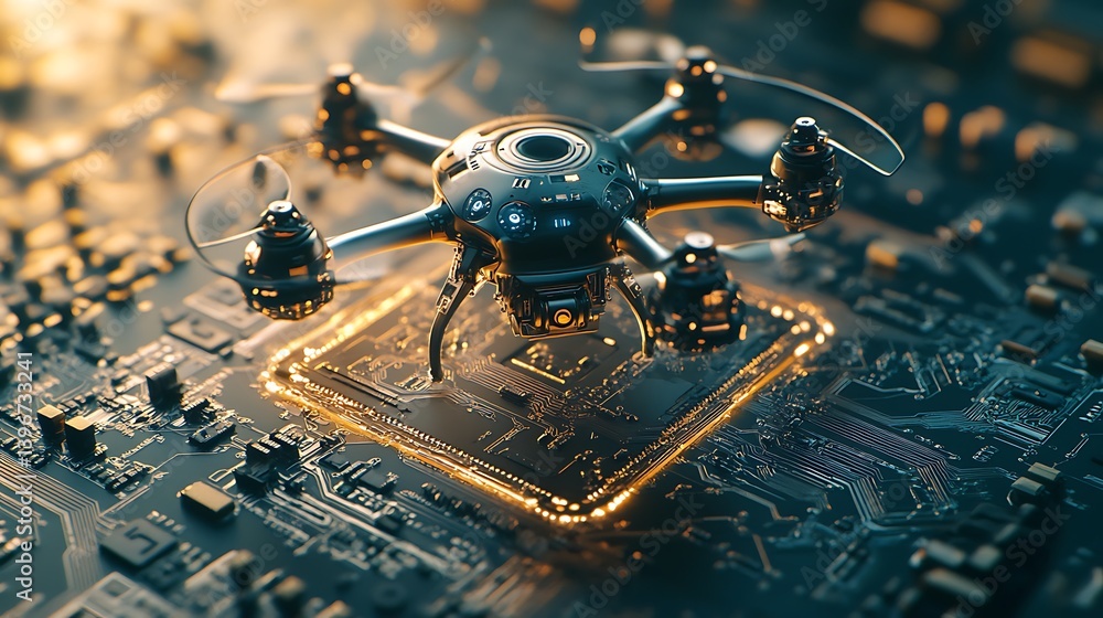 Poster a futuristic drone hovering above a glowing microchip on a circuit board, showcasing advanced techno