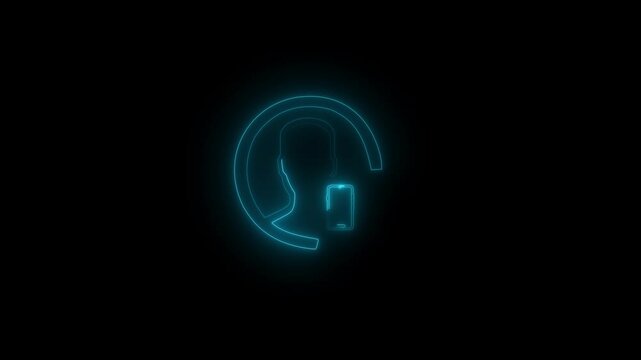 Bright neon person sign, user icon illustration. User profile login white phone icon on black background 4k.