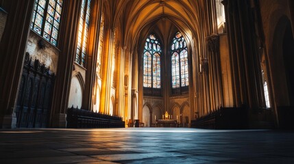 A Gothic cathedral interior, with high vaulted ceilings, stained glass windows reflecting moonlight, AI Generative.