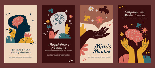 Collection of Instagram stories posters for World Mental Health Day features calming designs and informative text that promote mental health awareness.