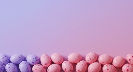 Pastel easter eggs neatly aligned on a soft gradient background with pink and purple hues clearly
