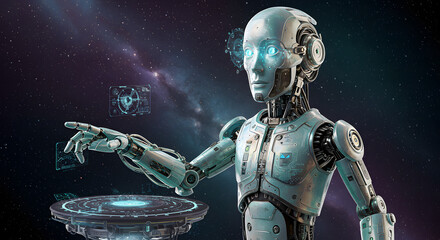 Fototapeta premium Advanced Humanoid Robot in Futuristic City (Ai)