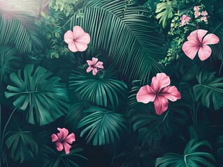 Fototapeta premium Lush Rainforest: Tropical Hibiscus Flowers Among Palm & Monstera Leaves, Painting Style, High Detail