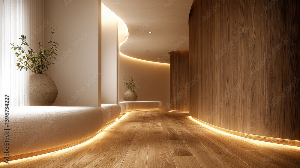 Poster modern minimalist interior featuring curved hallway with warm wooden flooring and soft ambient light