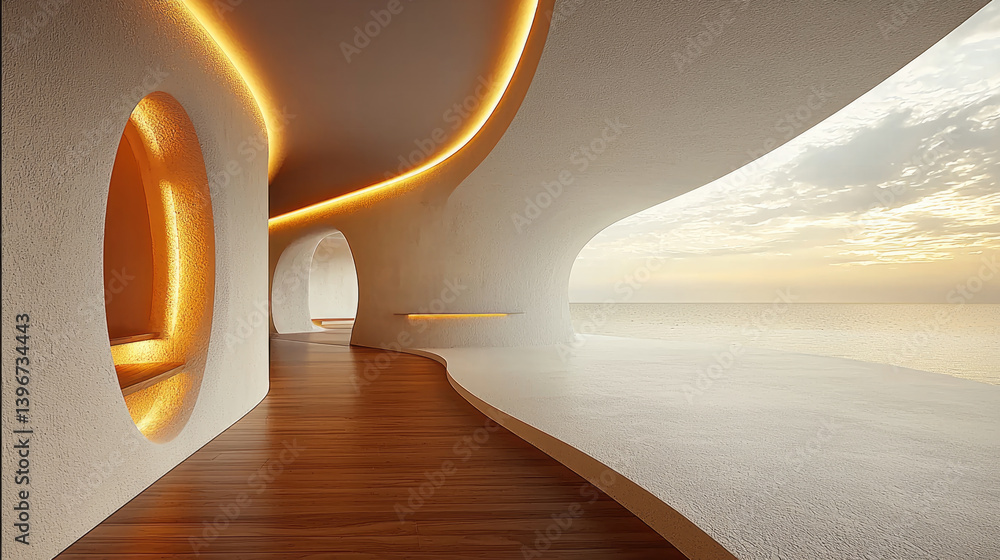 Poster modern minimalist interior featuring smooth, curved walls and warm ambient lighting. serene view of 